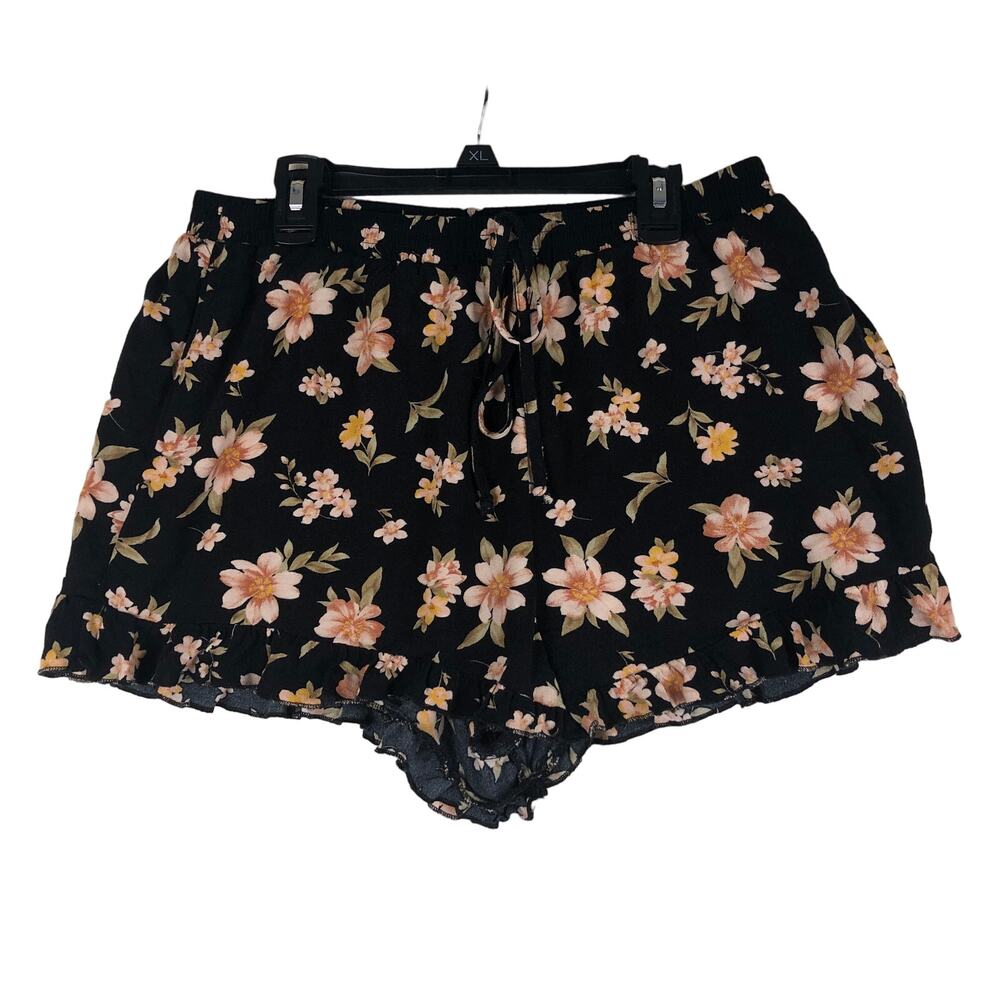 American Eagle AE High-Waisted Floral Ruffle Soft Shorts Pockets Medium Black